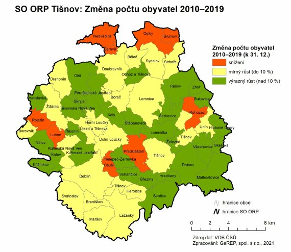 ORP Tisnov_Zmena poctu obyv 2010-2019