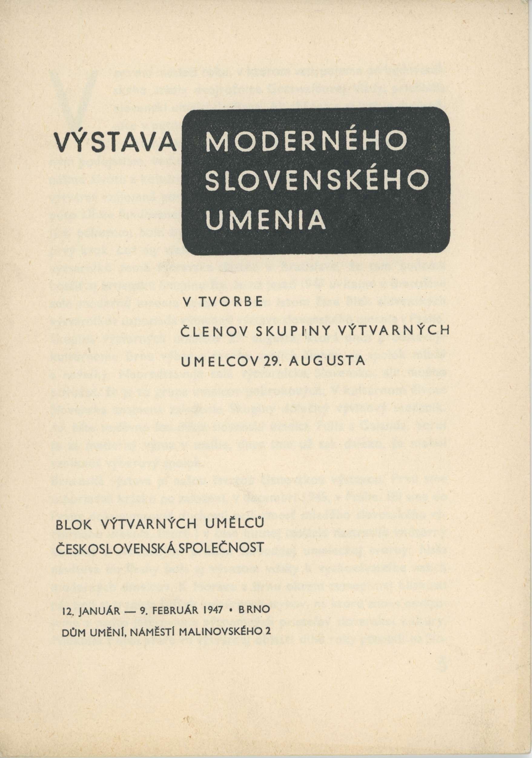 Výstava moderného slovenského umenia v tvorbe členov Skupiny umelcov 29. augusta