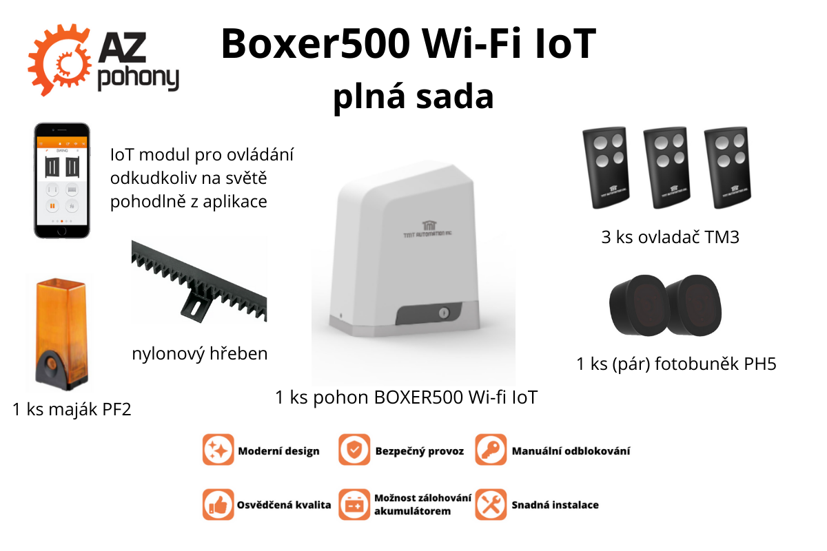 Boxer500Kit plná sada - Wi-Fi IoT pohon posuvné brány do 500 kg