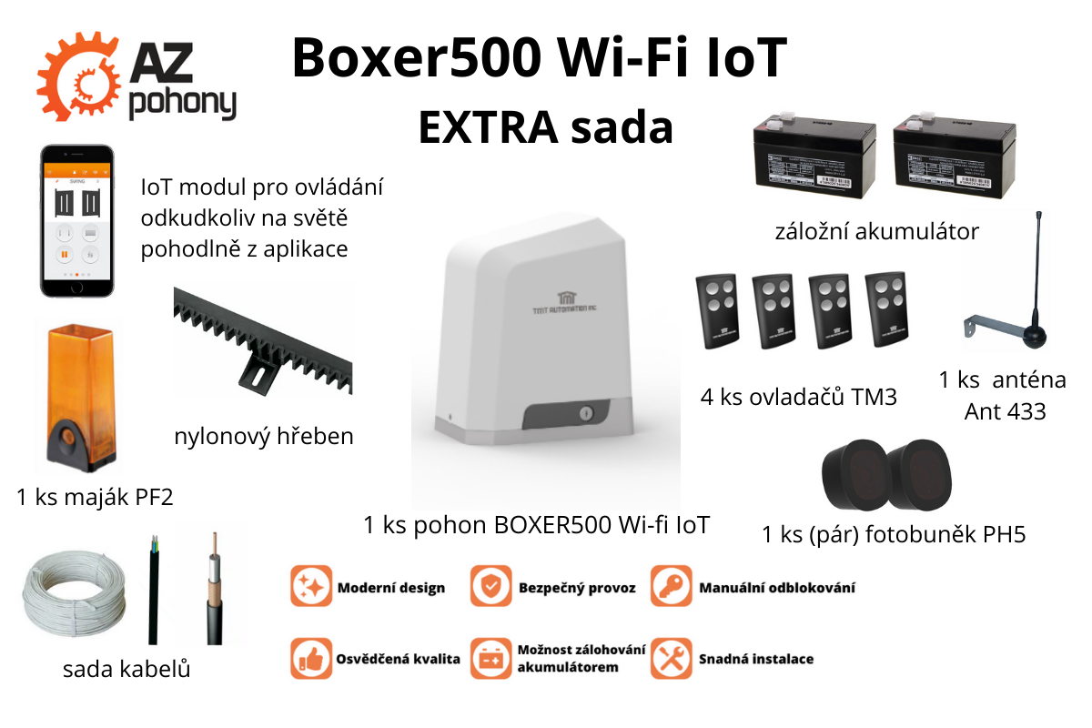 Boxer500 EXTRA sada - Wi-Fi IoT pohon posuvné brány do 500 kg