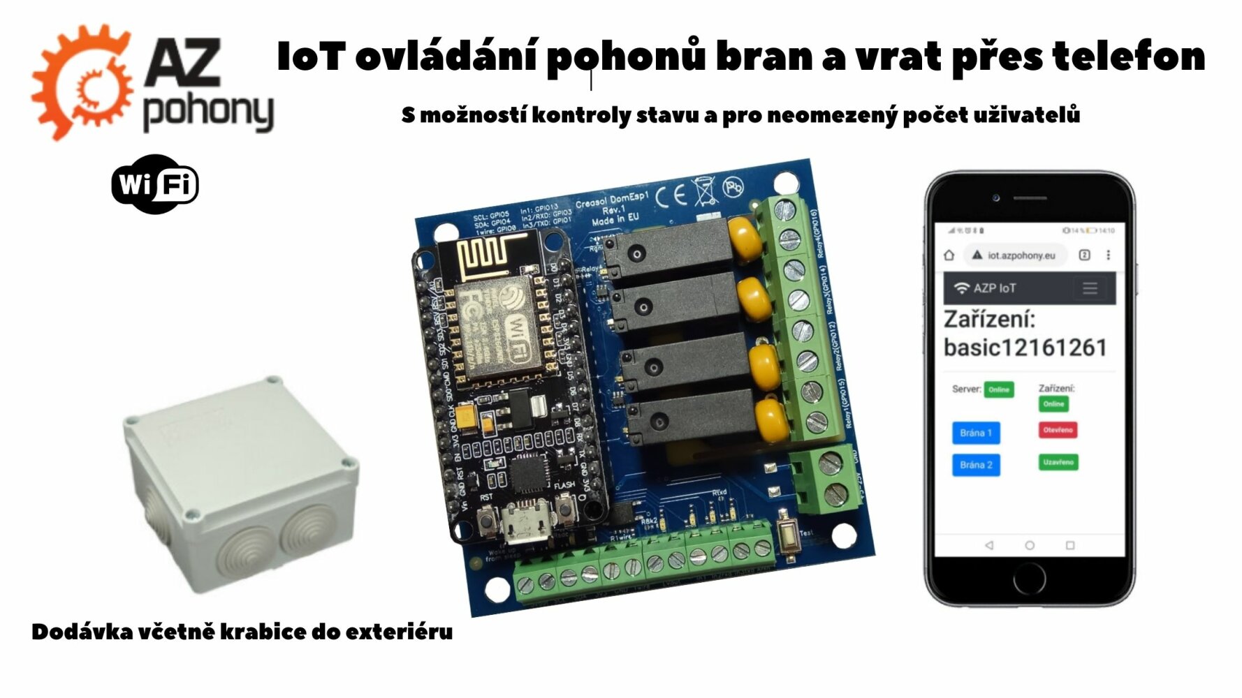 AZP0122 Wi-Fi IoT ovladač základní - jednoduché ovládání brány z mobilního telefonu, základní verze; 4 výstupy, 2 vstupy