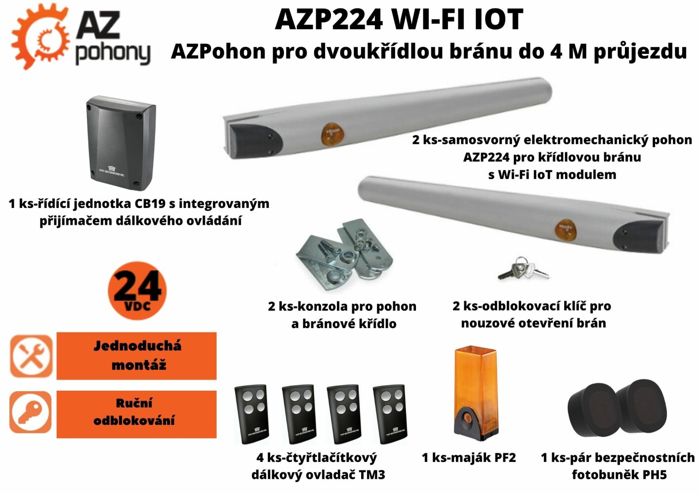 AZP224 Wi-Fi IoT - azpohon pro dvoukřídlou bránu do 4 m průjezdu