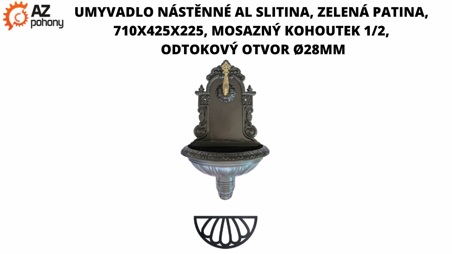 umývadlo nástenné Al zliatina, zelená patina, 710x425x225, mosadzný kohútik 1/2, odtokový otvor ø28mm