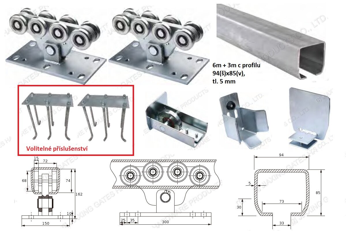 AZPmZ - sada pro samonosnou posuvnou bránu do 6,6 m průjezdu a do 600 kg, pozinkovaný c profil, doprava zdarma