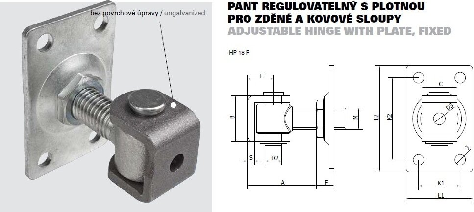 HP18R - regulovatelný závěsný pant s montážní deskou