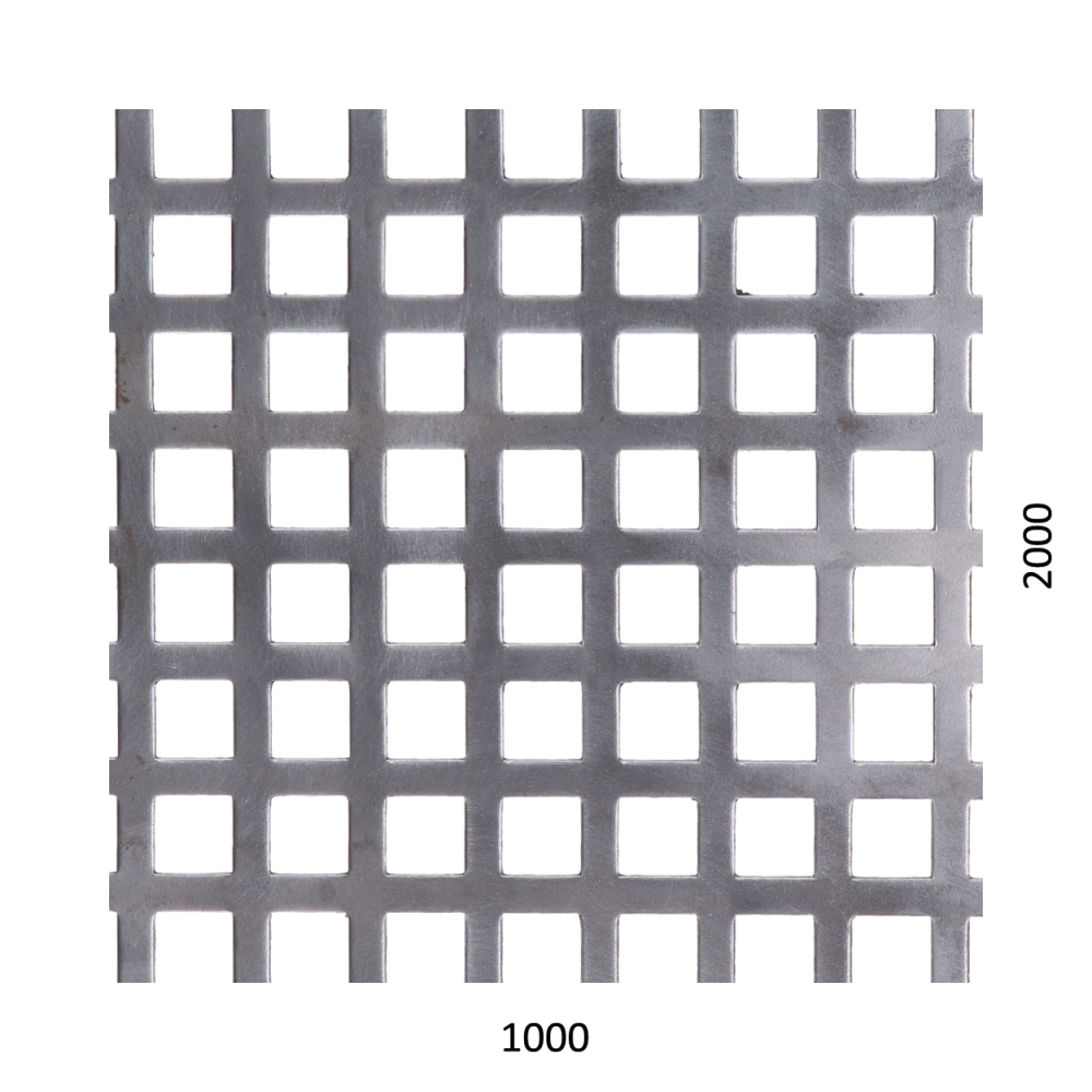 děrovaný plech čtvercový řadový Fe, otvor: 10x10mm, rozteč: 14mm, (2000x100x1,0mm)