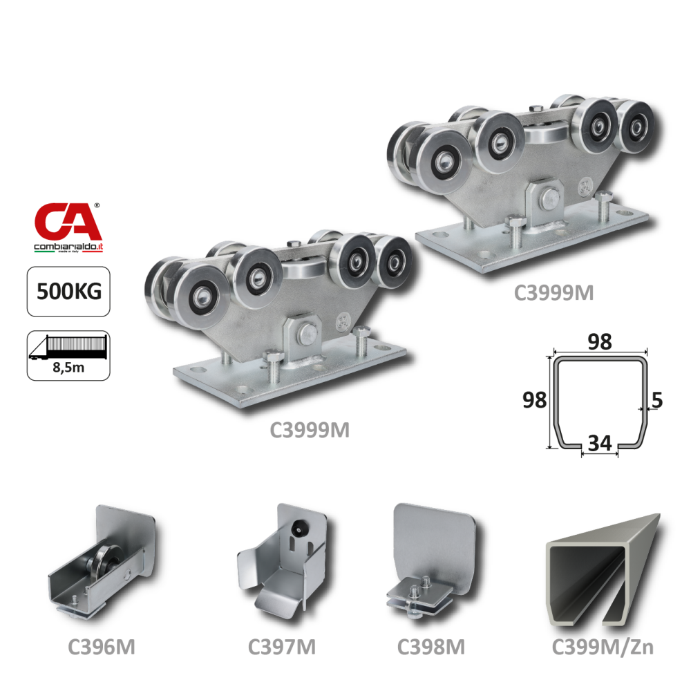 MEDIO-9 samonosný systém 98x98x5 mm pro posuvné brány do 500 kg / 8,5 m otvor (C399M/Zn 1x 6 m pozinkovaný profil, C3999M 2ks, C396M 1ks, C397M 1ks), intenzivní provoz
