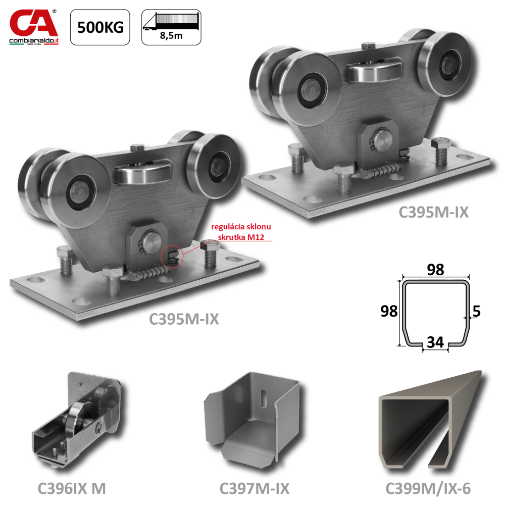MEDIO INOX (98x98mm) nerezový samonosný systém pro posuvné brány do 500kg/ otvor: 8,5m (C399M-IX 1x6m nerezový profil, C395M/IX 2ks, C397M-IX 1ks, C396M-IX 1 ks), nerez AISI304 bez povrch. úpravy