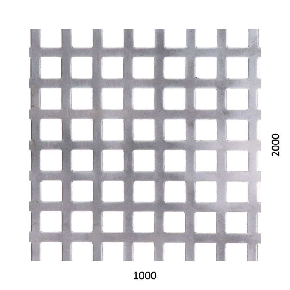 děrovaný plech čtvercový řadový Zn, otvor: 10 x 10 mm, rozteč: 14 mm, (1000x2000x1,0 mm)