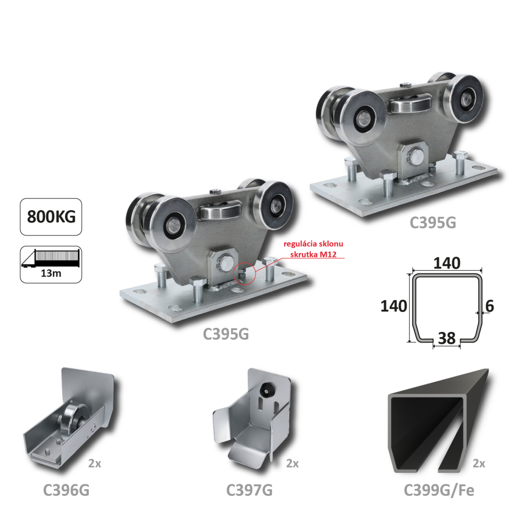 GRANDE-Klasik samonosný systém 140x140x6 mm pro posuvné brány do 800 kg / 13 m otvor (C399G/Fe 2x 6 m černý profil, C395G 2ks, C396G 2ks, C397G 2ks), běžný provoz