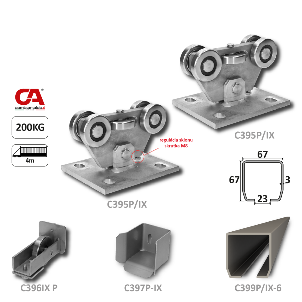 PICCOLO INOX (67x67 mm) nerezový samonosný systém pro posuvné brány do 200 kg/ otvor: 4 m (C399P-IX 1x6 m nerezový profil, C395P-IX 2 ks, C397P-IX 1 ks, C396P-IX 1 ks), nerez AISI304 bez povrch. úpravy