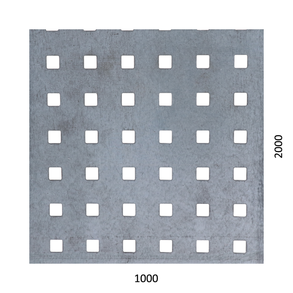 Děrovaný plech čtvercový řadový Zn, otvor: 10x10 mm, rozteč: 30 mm (2000x1000x1,5 mm)