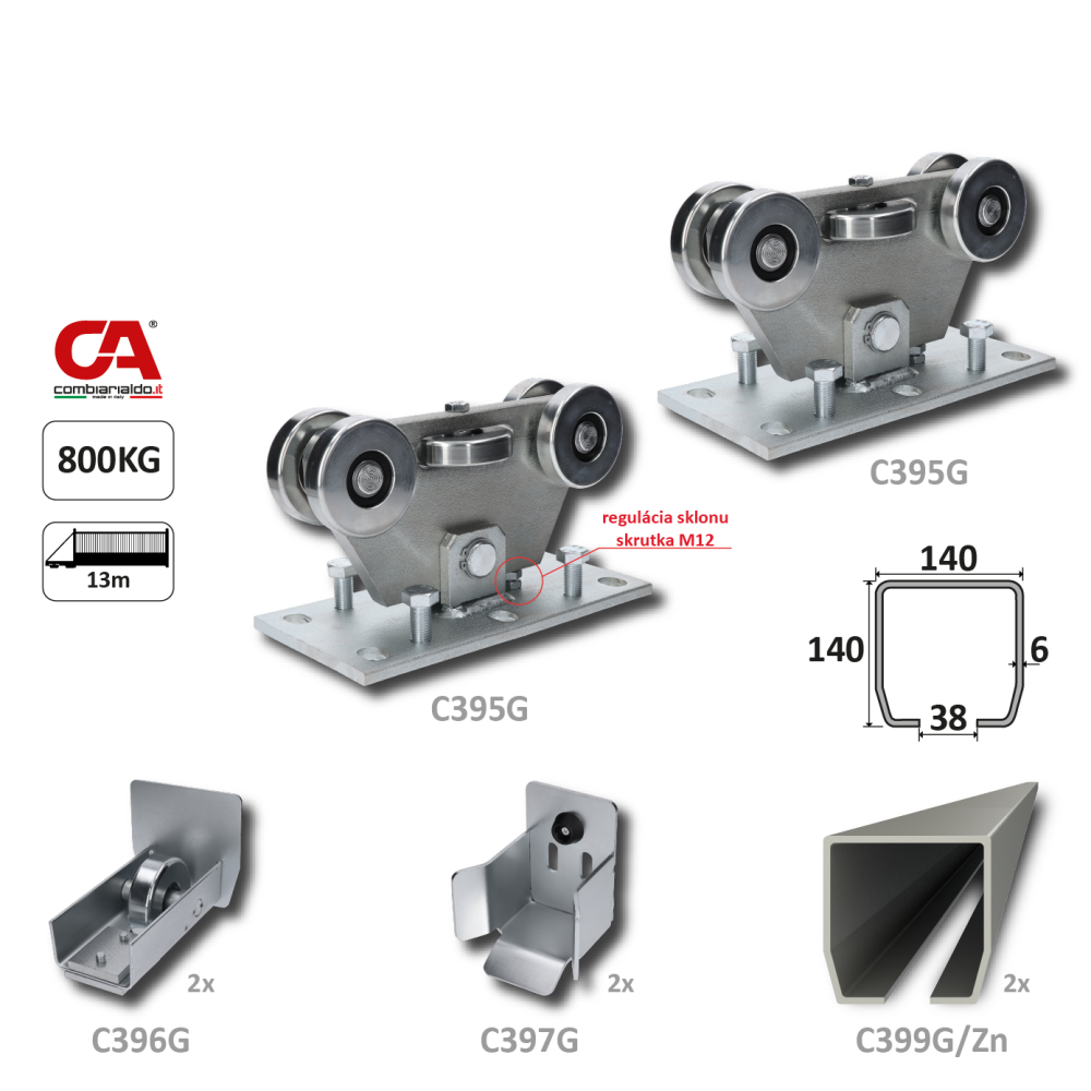 GRANDE-Klasik samonosný systém 140x140x6 mm pro posuvné brány do 800 kg / 13 m otvor (C399G/Zn 2x 6 m pozinkovaný profil, C395G Klasik 2ks, C397G 2ks, 2x C396G 2ks), běžný provoz