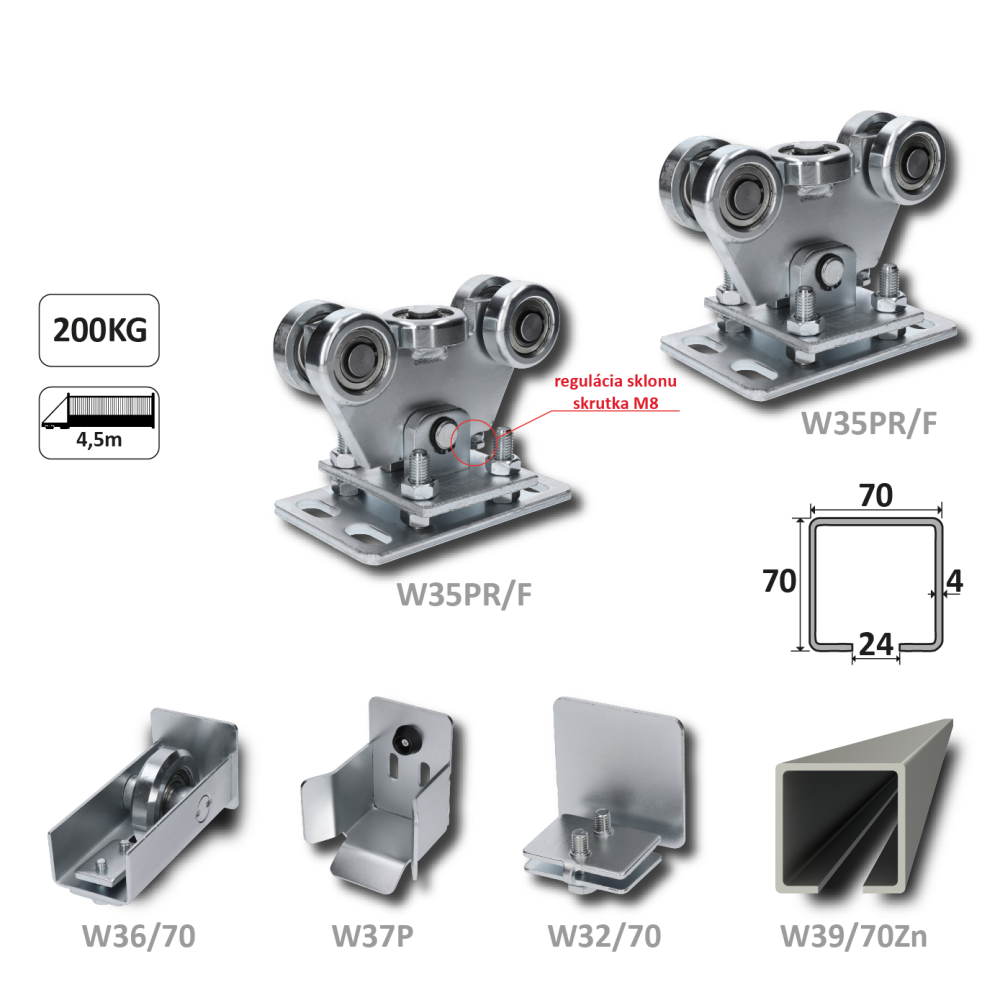 Samonosný systém 70x70x4 mm pro posuvné brány do 200 kg / 4,5 m otvor (W39/70Zn 6 m pozinkovaný profil, 1x W-SET70/F)