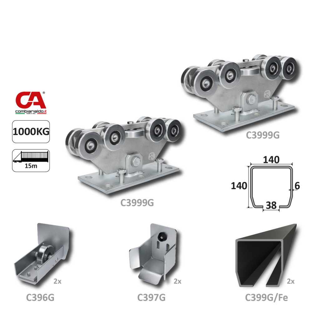 GRANDE-9 samonosný systém 140x140x6 mm pro posuvné brány do 1000 kg / 15 m otvor (C399G/Fe 2x 6 m černý profil, C3999G 2ks, C396G 2ks, C397G 2ks), intenzivní provoz