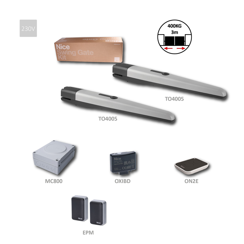 Sada pro dvoukřídlou bránu do 3m /křídla, 2x TO4005-230V, 340W, 1800N, 1x MC800, 1x OXIBD, 1x ON2E, 1x BF
