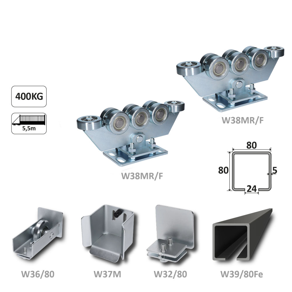 Samonosný systém 80x80x5 mm pro posuvné brány do 400 kg / 5,5 m otvor (W39/80Fe 6 m černý profil, 2x W38MR/F, 1x W36/80, 1x W37/M, 1x W32/80)
