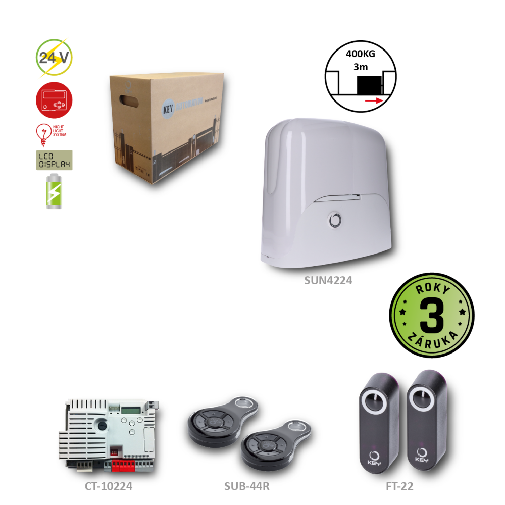 SUN KIT pro posuvnou bránu do 400 kg, 1x SUN4224 (24 V, 250 W, 13 Nm), 1x CT-10224 s vestavěným přijímačem, 2x SUB-44R, 1 pár FT-32, BEZ LED světla