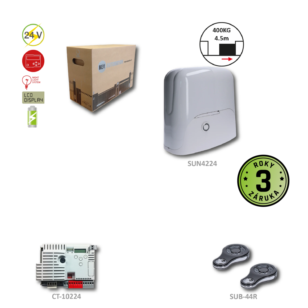 SUN KIT pro posuvnou bránu do 400 kg, 1x SUN4224 bez LED (24 V, 250 W, 13 Nm), 1x CT-10224 se zabudovaným příjmačem, 2x SUB-44R