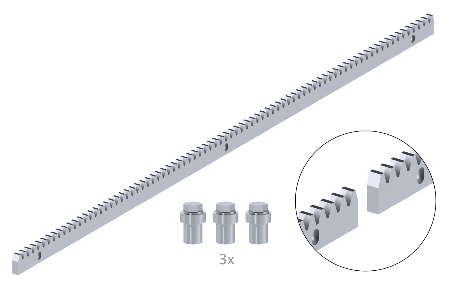 Hřeben INOX 30 x 10 mm, L = 1000 mm, M4, max. do 1900 kg, 3 x úchyt + šrouby, nerezový