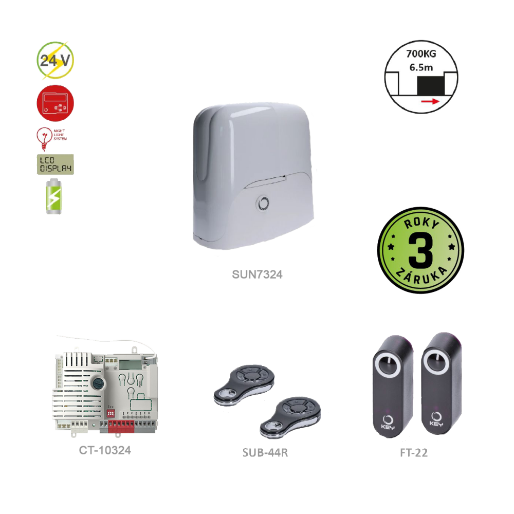 SUNKIT80 pro posuvnou bránu do 700 kg, 1x SUN7224 (24 V, 500 W, 34 Nm), 1x CT10224, 2x SUB-44R, 1 pár FT-32