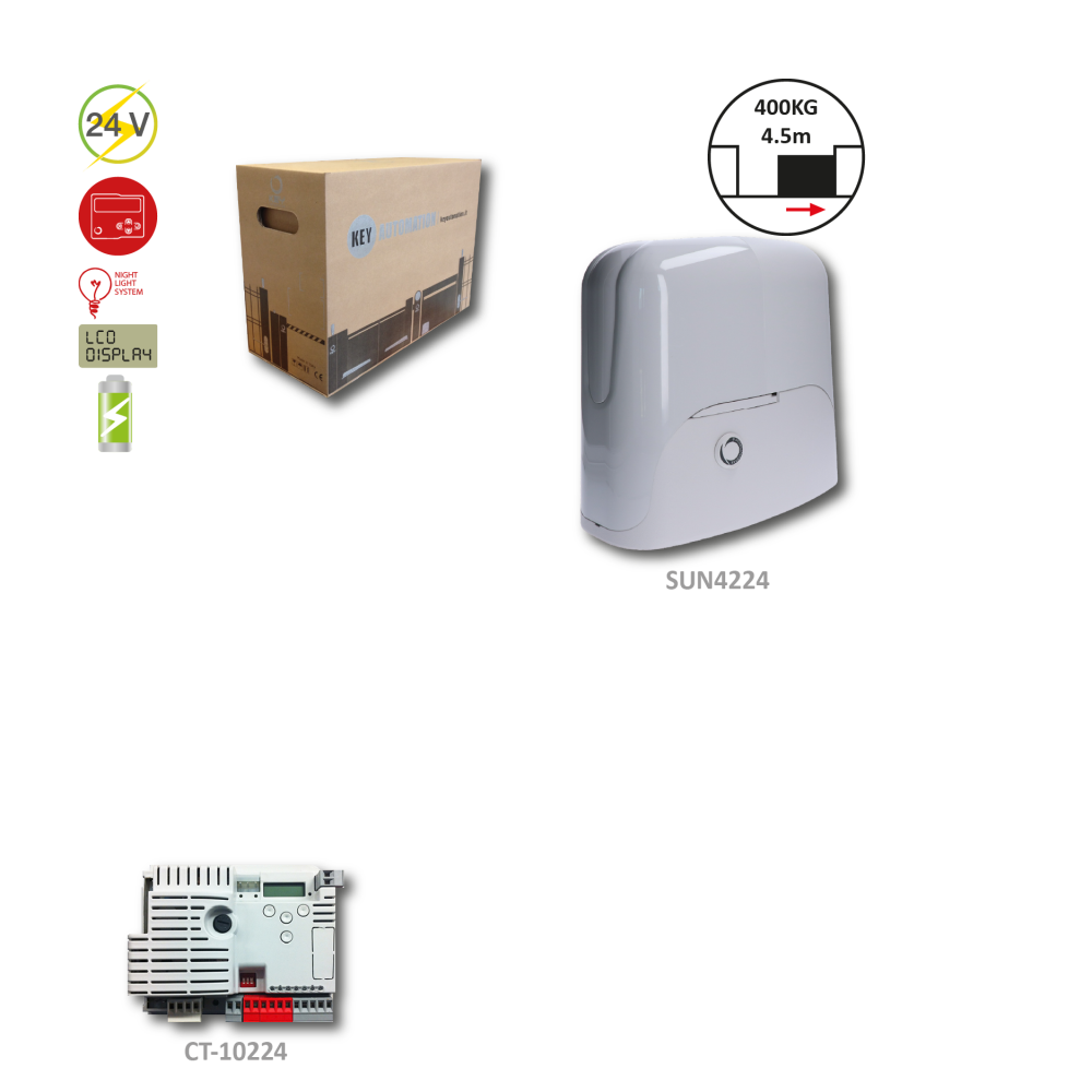 SUN4224 pohon pro posuvnou bránu do 400kg, 1x SUN4224 bez LED (24V, 250W, 18Nm), 1x CT-10224 s integrovaným příjímačem