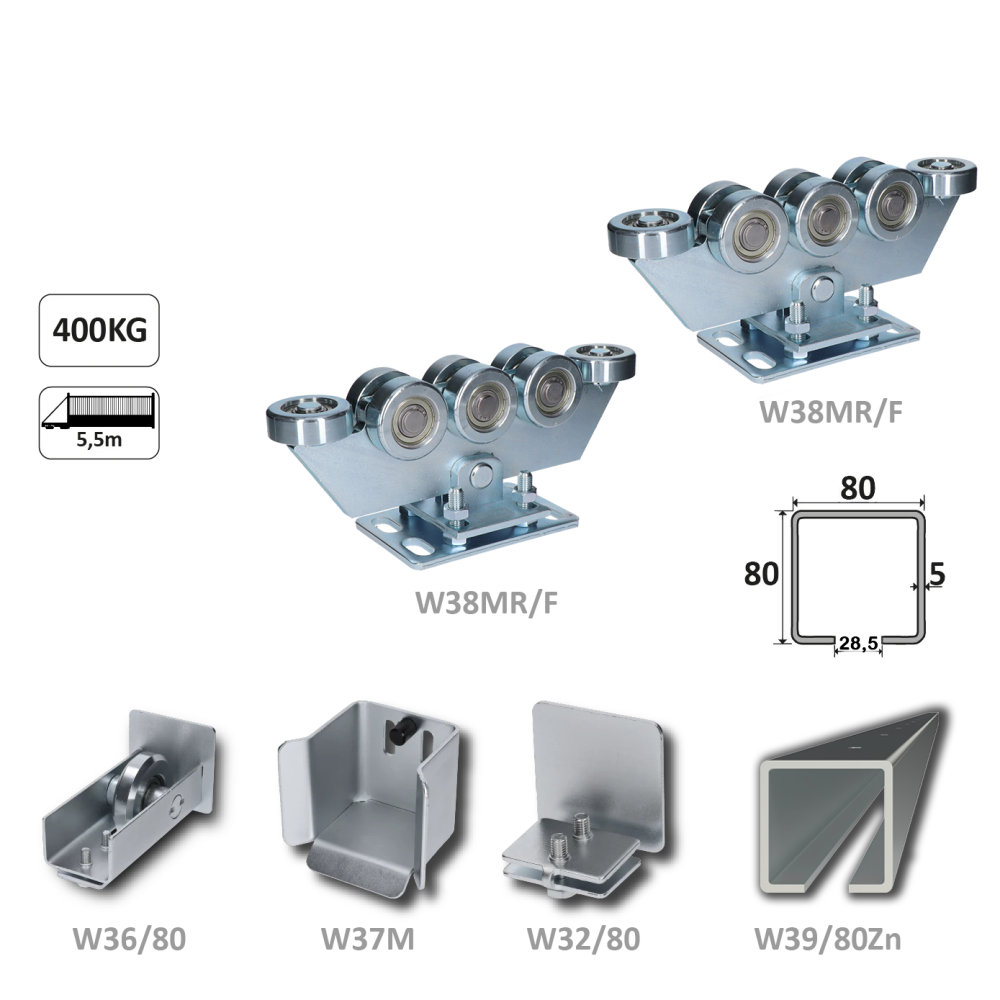 Samonosný systém 80x80x5 mm pro posuvné brány do 400 kg / 5,5 m otvor (W39/80Zn 6 m pozinkovaný profil, 2x W38MR/F, 1x W36/80, 1x W37/M, 1x W32/80)