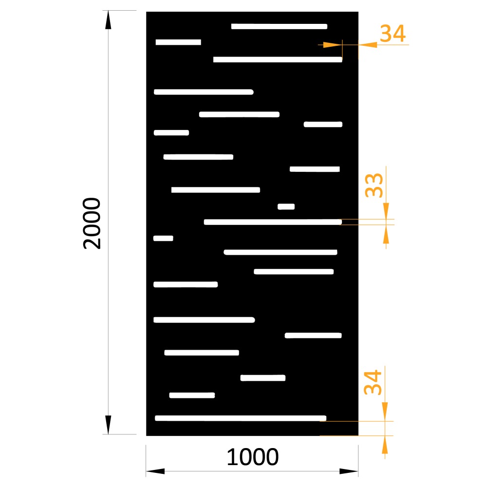 Designová kovová výplň, laserem vypálený vzor 8211, rozměr 1000x2000x2,0 mm, výška výpalku 34 mm, bez povrchové úpravy