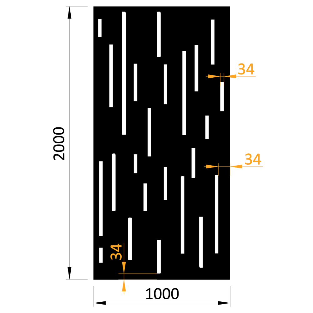 Designová kovová výplň, laserem vypálený vzor 8212, rozměr 1000x2000x2,0 mm, výška výpalku 34 mm, bez povrchové úpravy