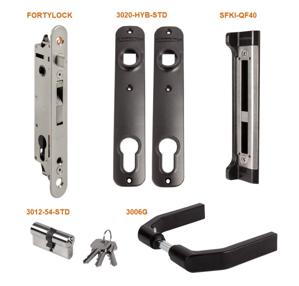 LOCINOX® sada FORTYSET na zamykání křídlové branky (štítek, doraz, cylindrická vložka, klika), pro profil 40x40mm