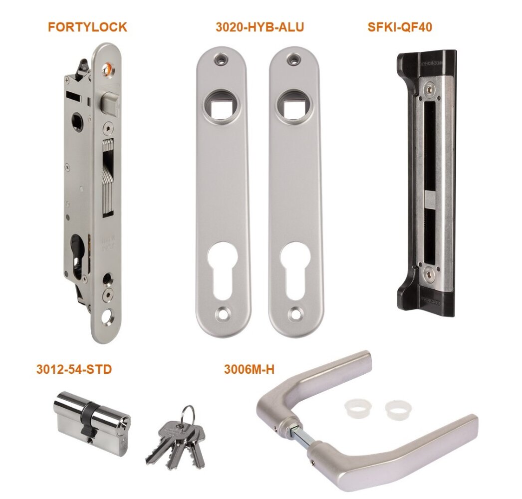 LOCINOX® sada FIFTYSET na zamykání křídlové branky (štítek, doraz, cylindrická vložka, klika), pro profil 50x40mm