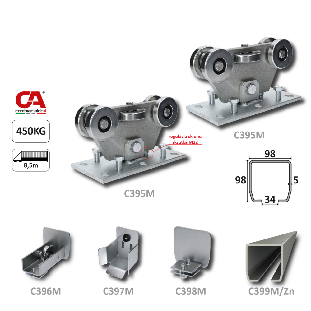 MEDIO-Klasik samonosný systém 98x98x5 mm pro posuvné brány do 450 kg / 8,5 m otvor (C399M/Zn 1x 6 m pozinkovaný profil, C395M KLASIK 2ks, C396M 1ks, C397M), běžný provoz