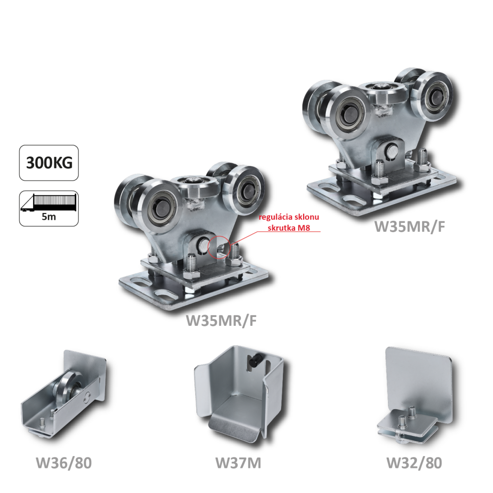 W-SET80F Set pro samonosný systém 80 x 80 x 5 mm, 2x regulovatelné vozíky, 1x doraz, 1x náběhové kolečko