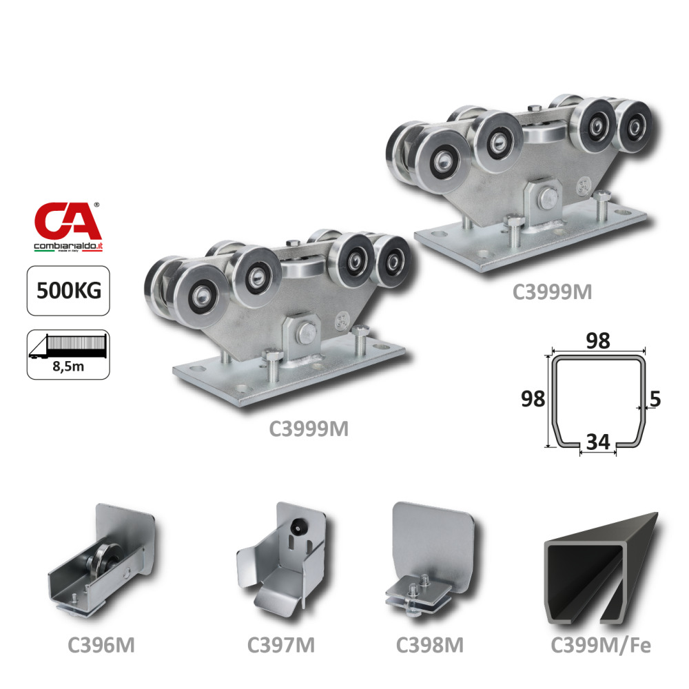MEDIO-9 samonosný systém 98x98x5 mm pro posuvné brány do 500 kg / 8,5 m otvor (C399M/Fe 1x 6 m černý profil, C3999M 2ks, C396M 1ks, C397M 1ks), intenzivní provoz