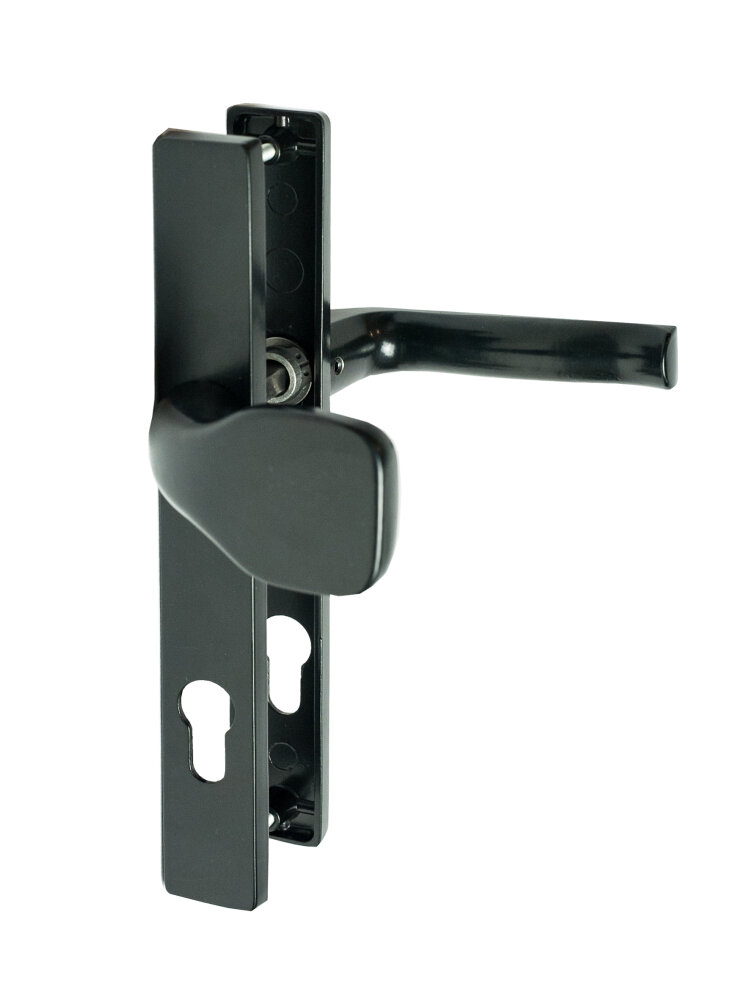 Klika AL, s koulí, rozměr štítku 239 x 32 mm, rozteč 90 mm, černá prášková barva vypalovaná, s otvorem pro stavební vložku, pár