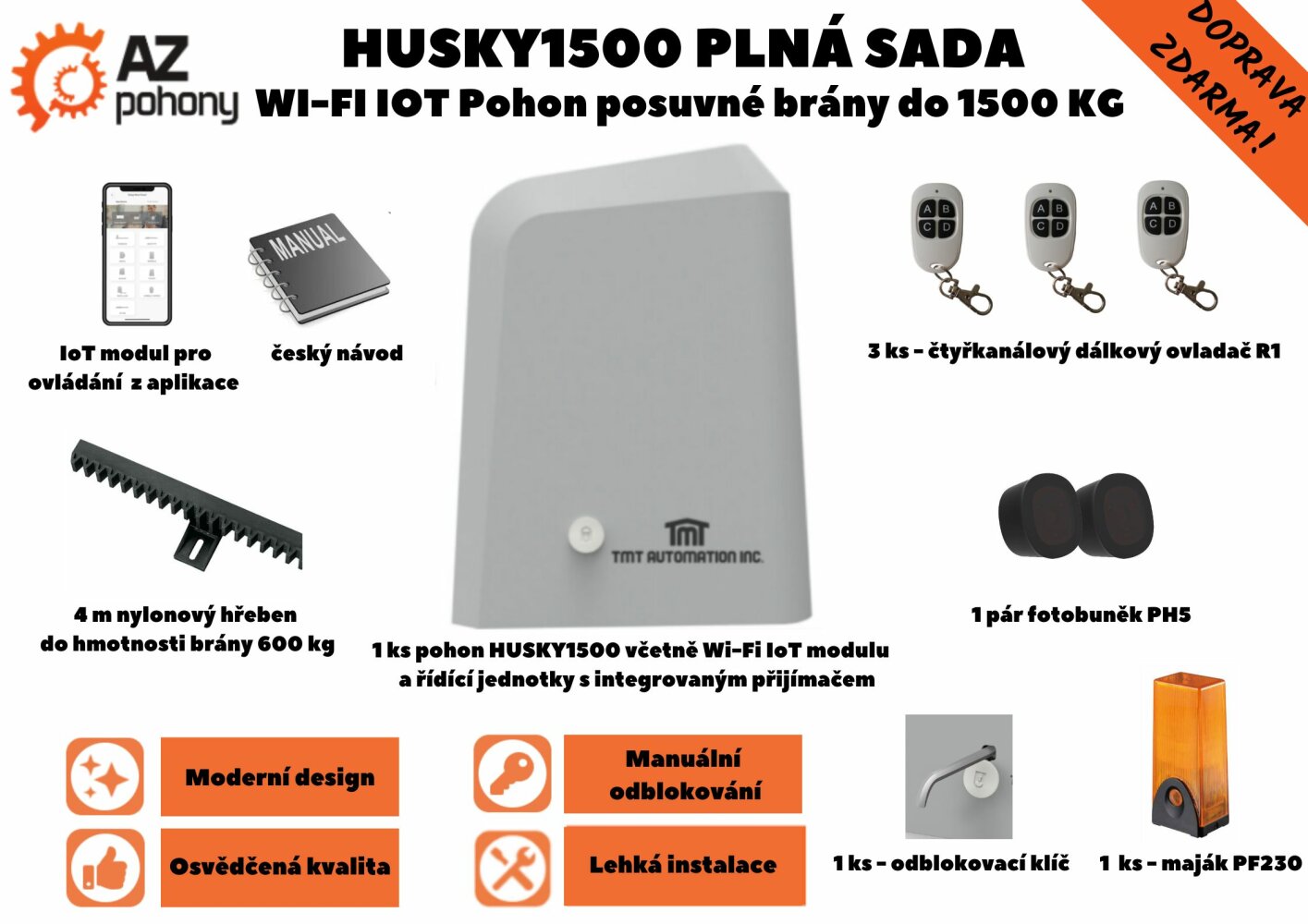 Husky1500Kit plná sada - Wi-Fi IoT pohon posuvné brány do 1500 kg