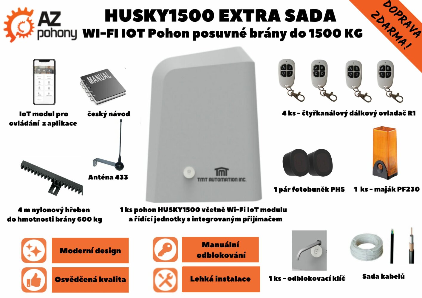 Husky1500 EXTRA sada - Wi-Fi IoT pohon posuvné brány do 1500 kg
