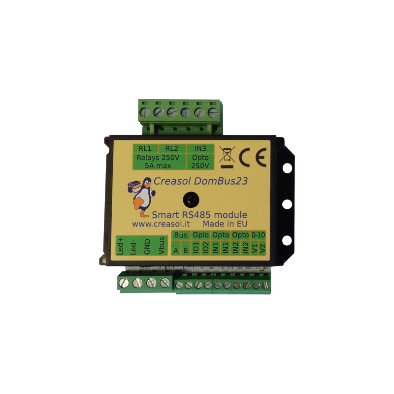 Creasol DomBus23: Modul Smart Home s 2x relé, 1x mosfet, určen pro Home Assistant a Domoticz