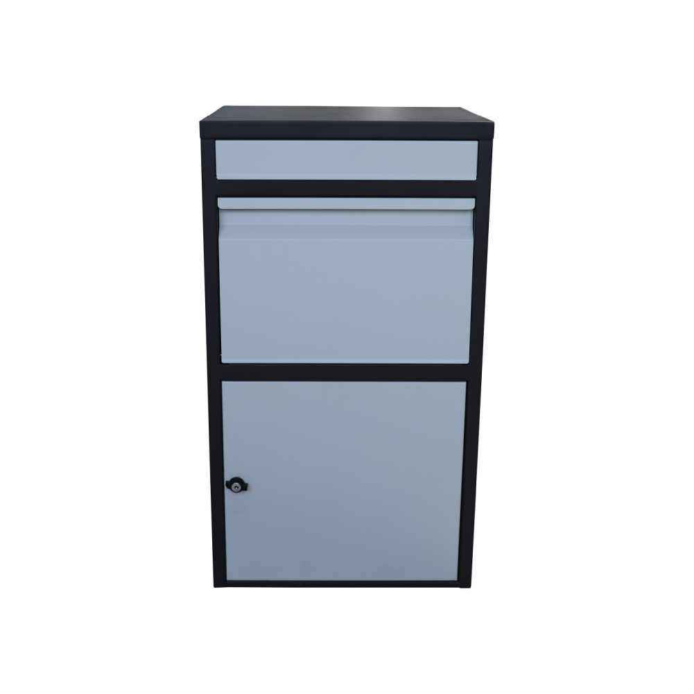 Box na balíky (410x385x720mm) s přepadovou lištou na ochranu balíků, tloušťka 0.8mm) velikost balíku: 320x300x180mm, barva: Černé tělo + bílý vhod