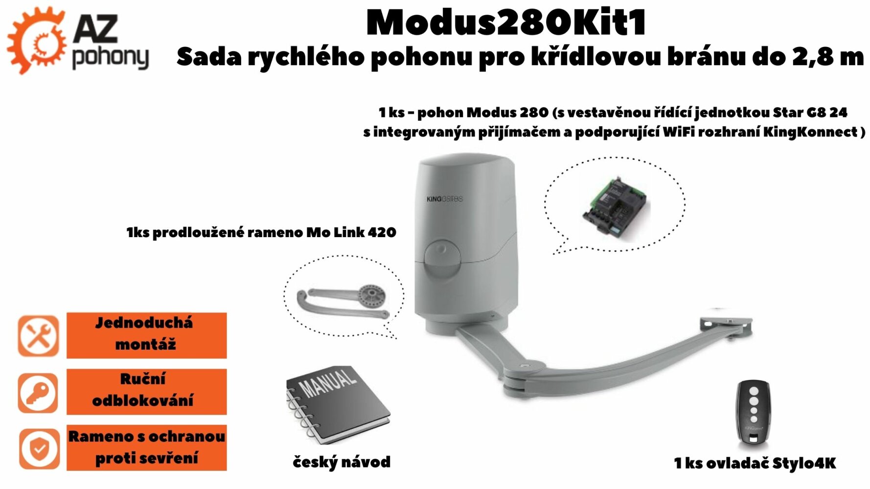 Modus280Kit1 - sada rychlého pohonu pro křídlovou bránu do 2,8 m