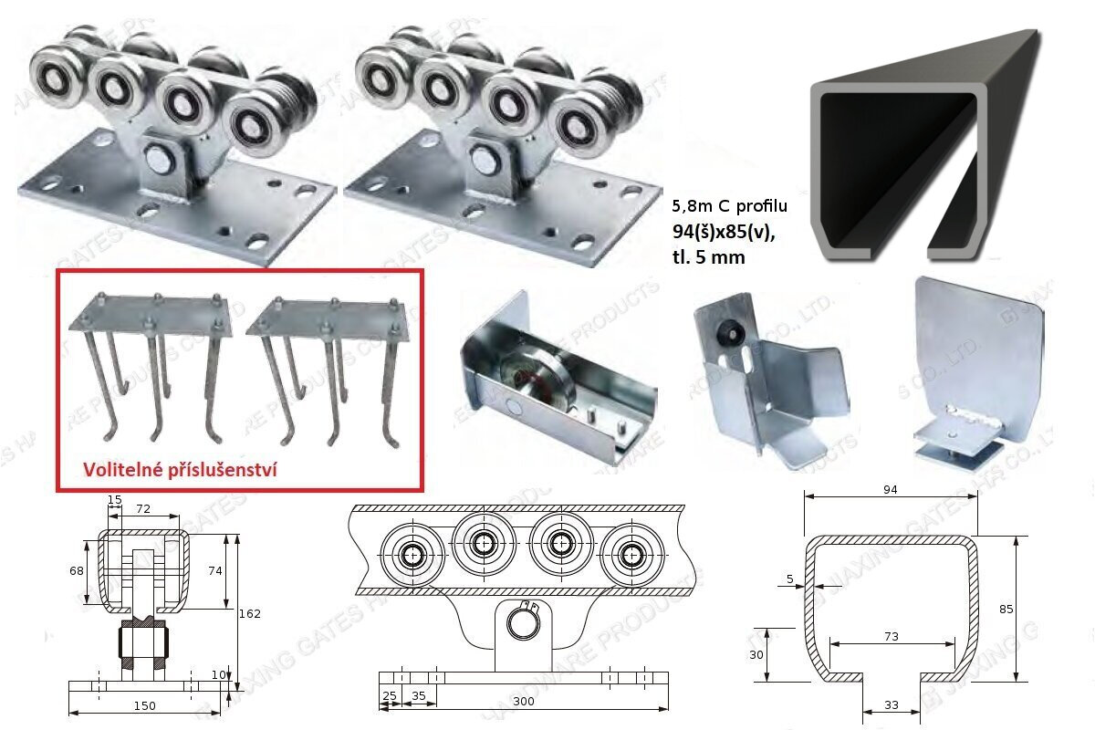 AZPm - sada kování pro samonosnou posuvnou bránu až do 6,5 a 600 kg, akce - DOPRAVA ZDARMA!