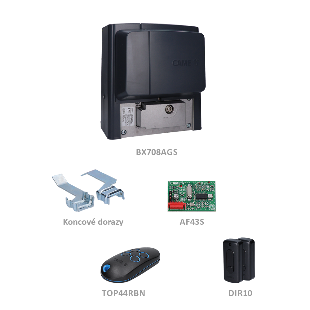 CAME BX STRONG sada pre posuvnú bránu do 800kg, 1x BX708AGS (230V, 520W, 800N), 1x ZBX7N, 1x AF43S, 1x TOP44RBN, 1 pár DIR10