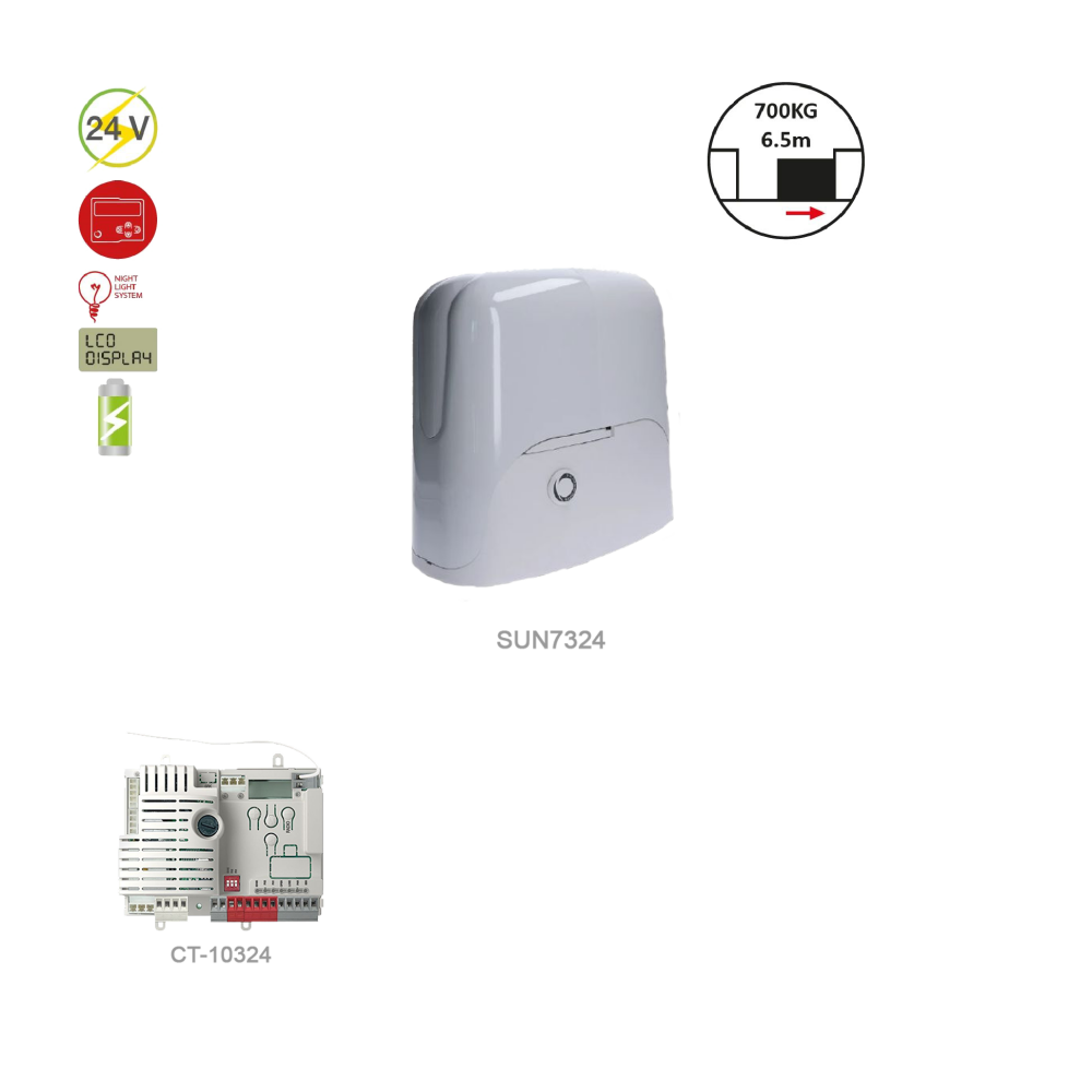 SUN80 pohon pro posuvnou bránu do 700kg, 1x SUN7224 bez LED (24V, 500W, 26Nm), 1x CT10224
