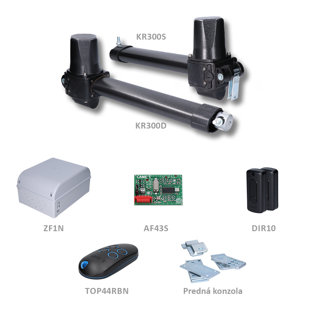 CAME KRONO STANDARD sada pre dvojkrídlovú bránu do 3m/krídlo, 1x KR300D, 1x KR300S (230V, 240W, 1500N), 1x ZF1N, 1x AF43S, 1x TOP44RBN, 1 pár DIR10
