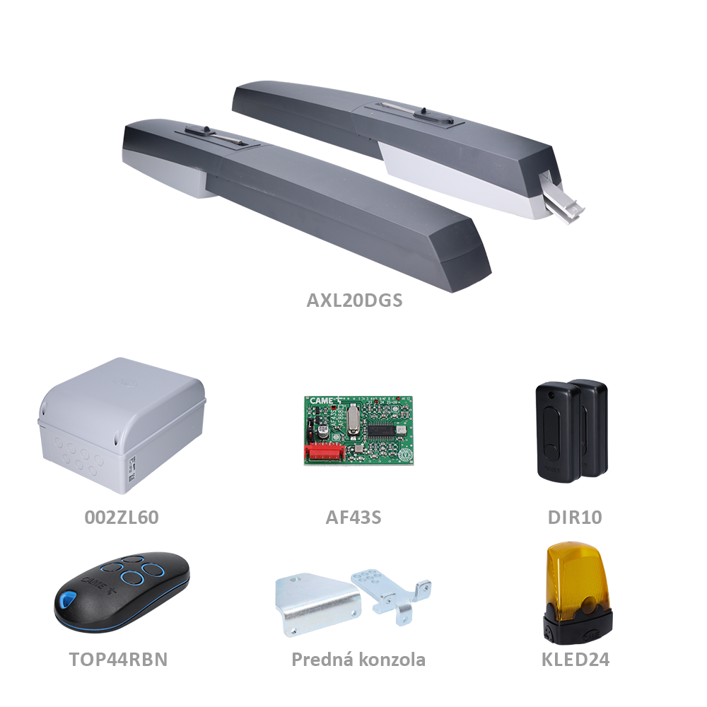CAME AXL ECO ATOMO sada pro dvoukřídlou bránu do 2,2 m/křídlo, 2x AXL20DGS (24V, 120W, 2000N), 1x 002ZL60, 1x AF43S, 1x TOP44RBN, 1x KLED24, 1 pár DIR10