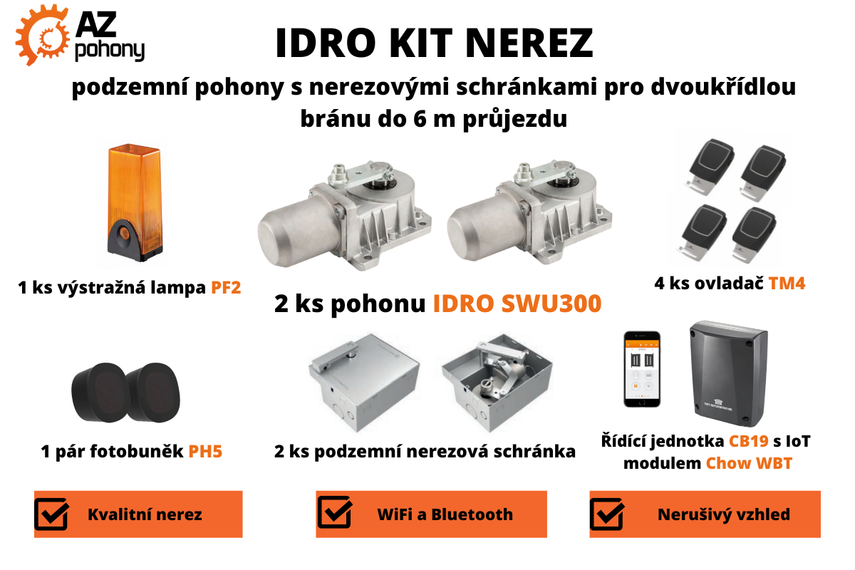 IDRO KIT NEREZ - podzemní pohony s nerezovými schránkami pro dvoukřídlové brány až do 6 m