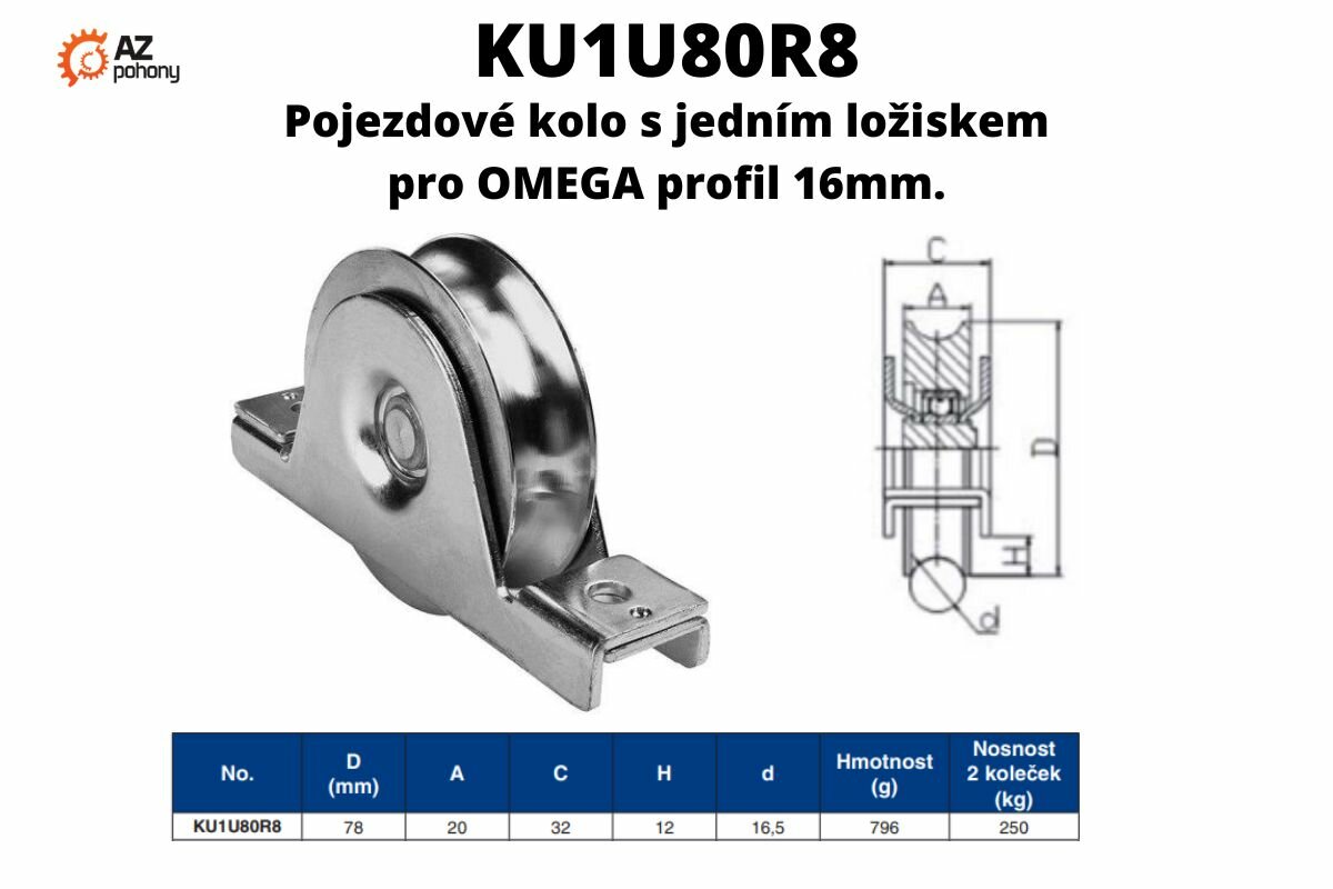 KU1U80R8 - pojezdové kolo s jedním ložiskem pro omega profil 16 mm