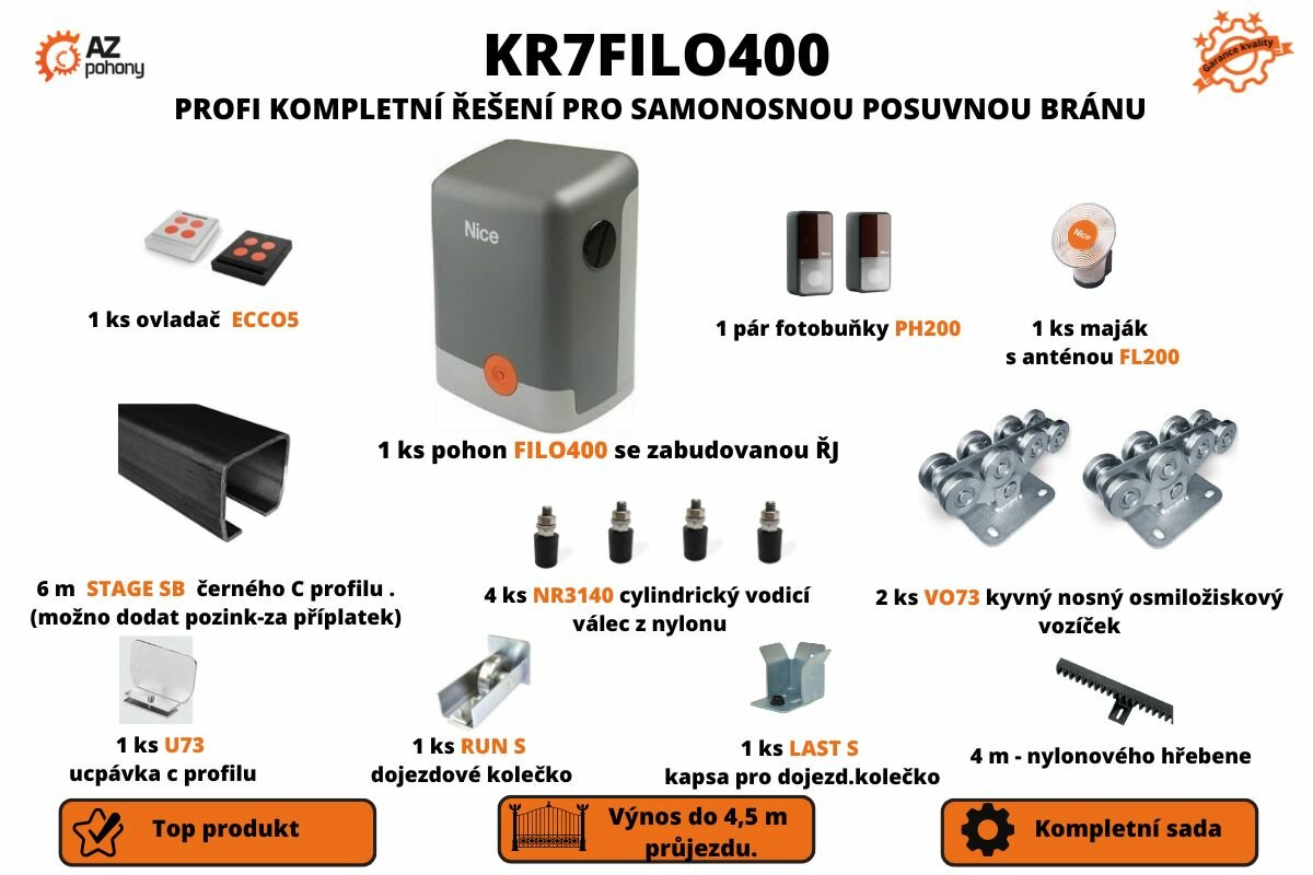 KR7FILO400 - kompletní řešení pro samonosnou posuvnou bránu