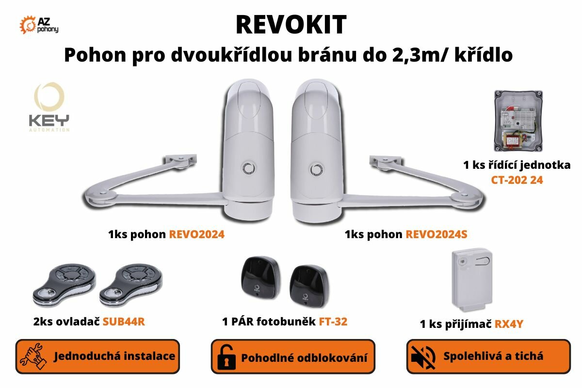 REVOKIT pro dvoukřídlou bránu do 2,3 m/křídlo, 1x REVO2024, 1x REVO2024S, 2x SUB44R, 1x CT-202 24, 1 pár FT-32, RX4Y (integrovaný)