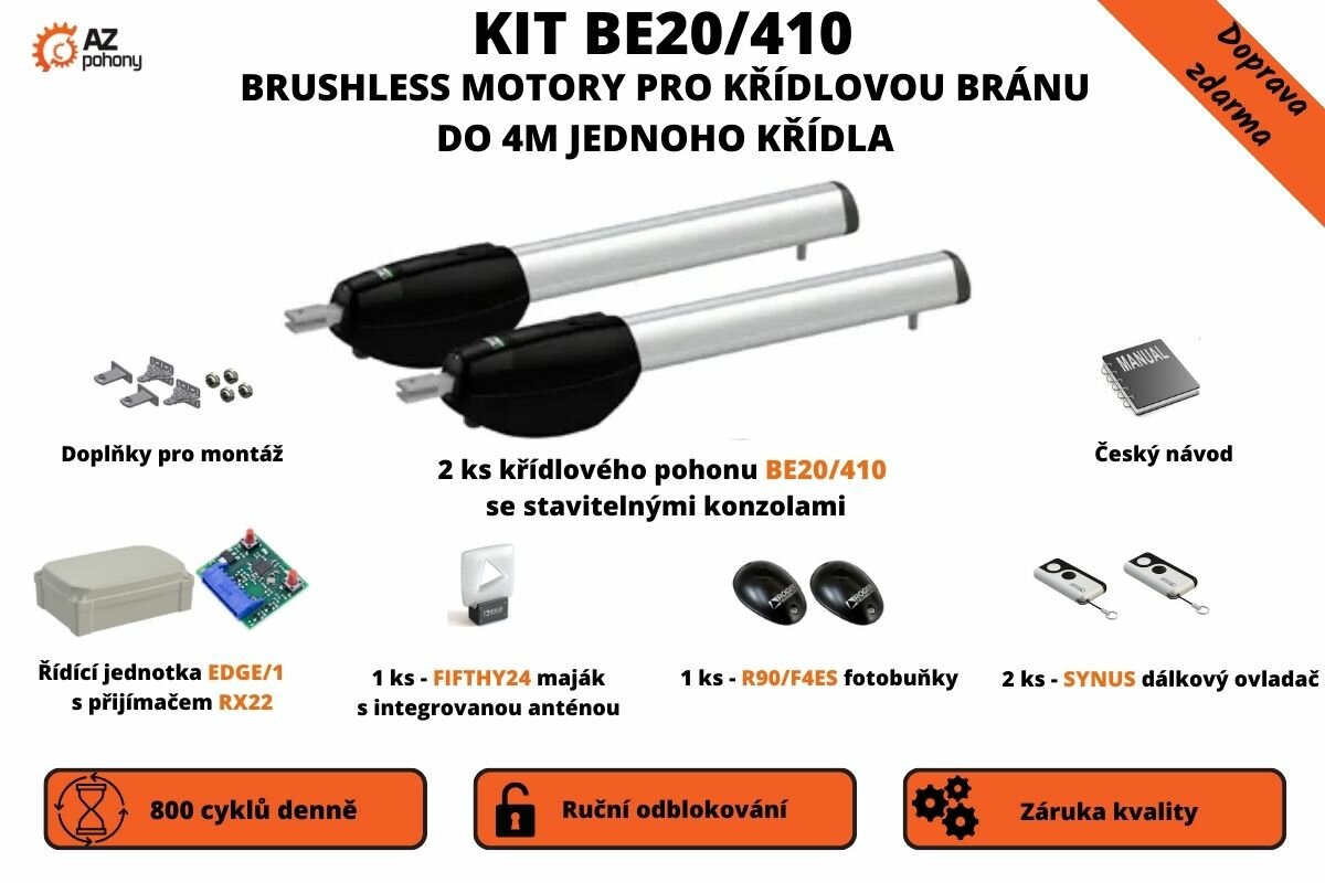 KIT BE20/410 - brushless motory Roger pro křídlovou bránu do 4m jednoho křídla